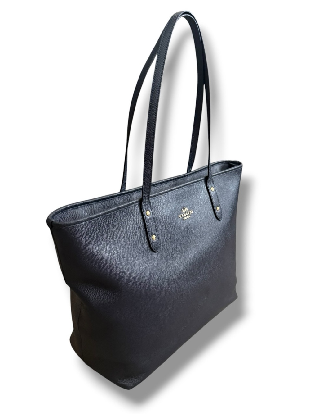 COACH Large City Tote Bag Coated Crossgrain Leather Tote, Navy, EUC - Picture 3 of 15